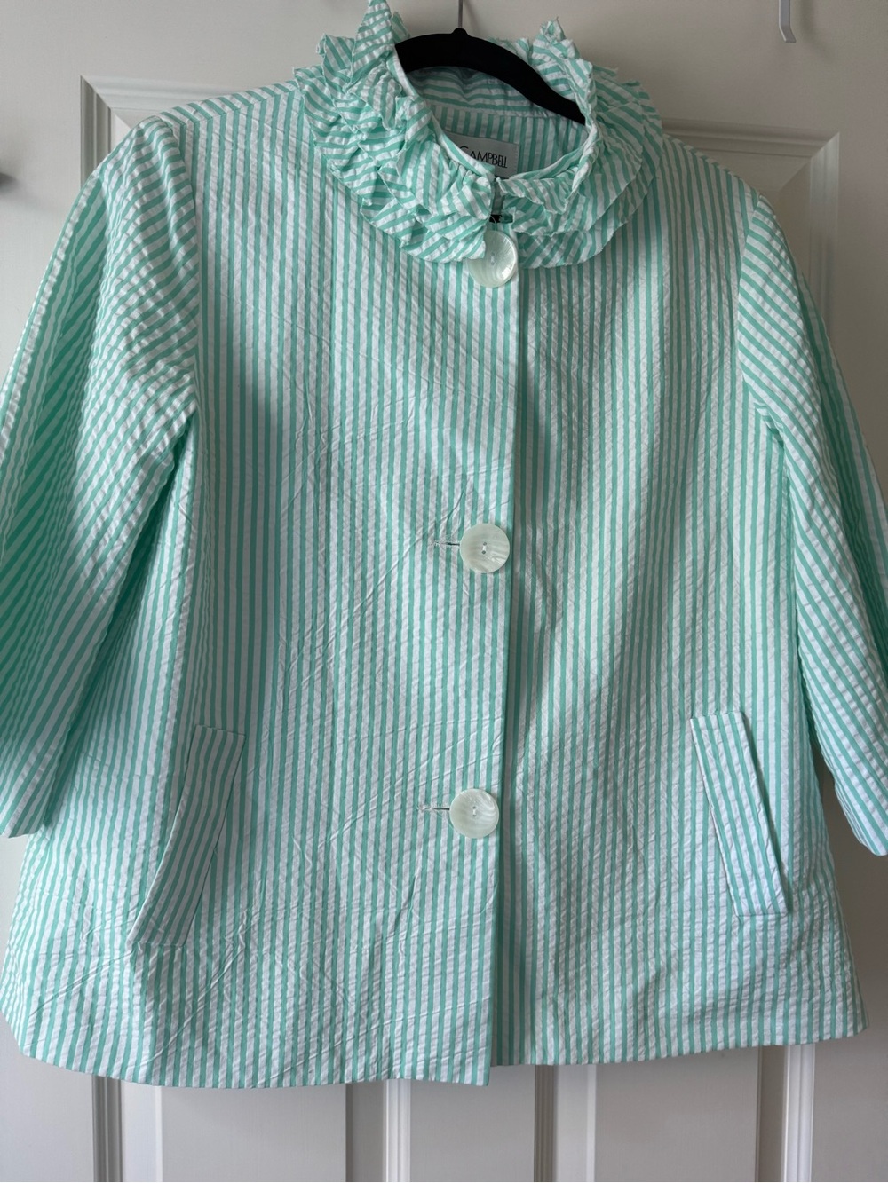 Sara Campbell Mint and White Striped Ruffle-Collar Button-Front Coat